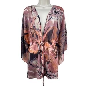 Bob Mackie Wearable Art Tie Front Kimono Semi Sheer Floral Purple Orange Large